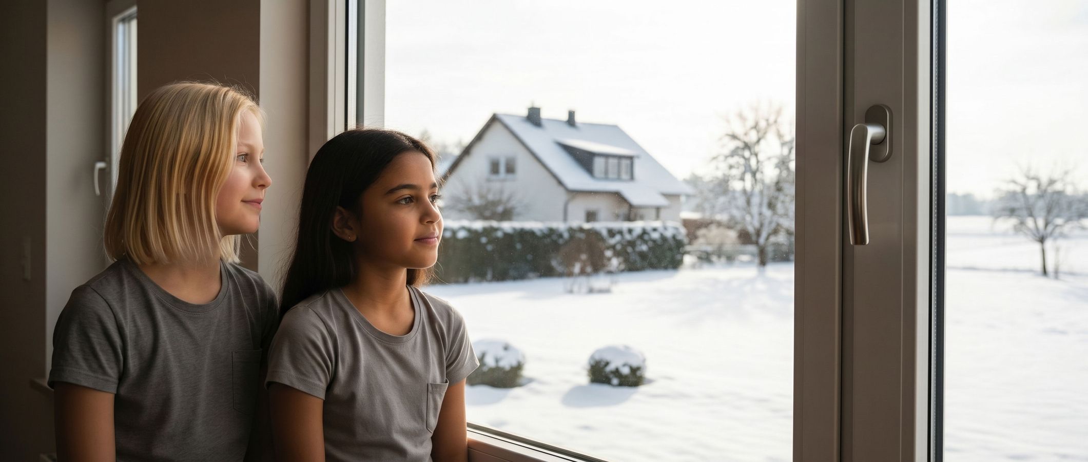 Zwei Mädchen schauen aus dem Fenster auf den Schnee, der draußen fällt.